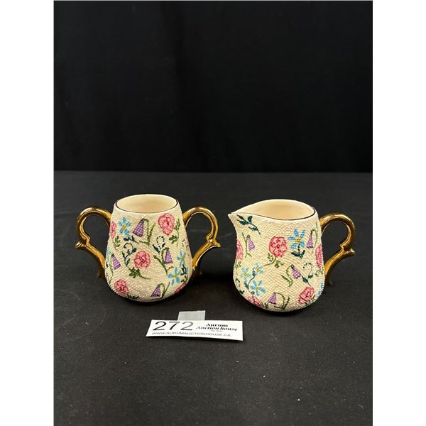 Lovely Handcrafted Cream and Sugar Set w/ Floral Design