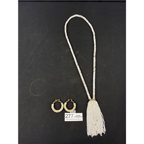 Vintage Braided Micro Bead Tasseled Necklace w/ Hoop Earrings