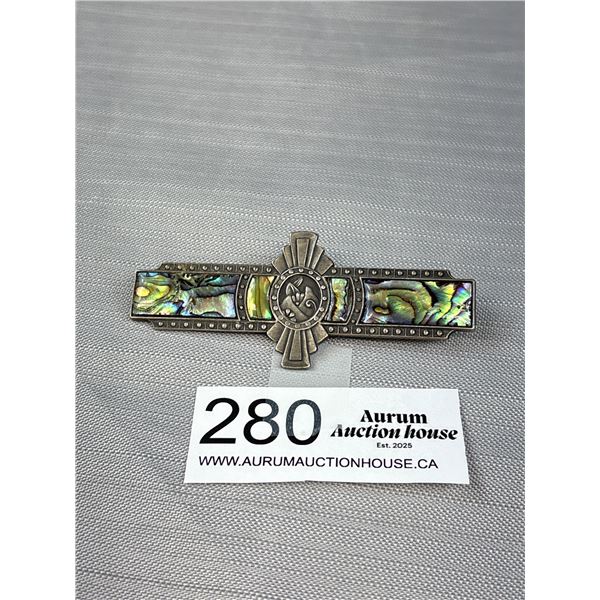 Vintage Art Deco Signed Duri Pewter Brooch w/ Abalone Shell