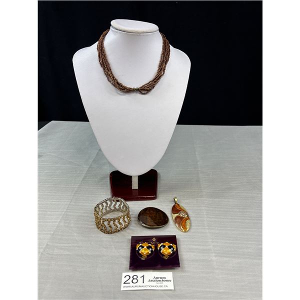 Vintage Jewelry Collection - Micro Bead Necklace, Enamelled Pendants and Earring, Rhinestone Bracele