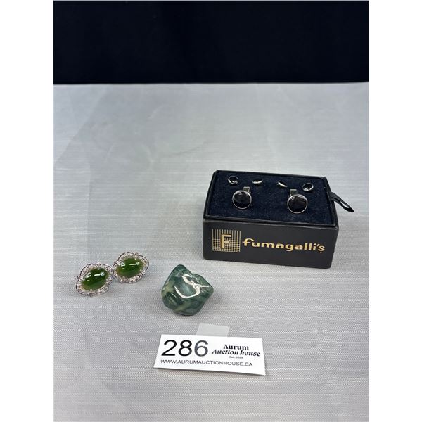Handsome Fumaglli Silver w/ Onyx Cufflink and Stud Set, Jade Cufflinks and Jade Polished Stone