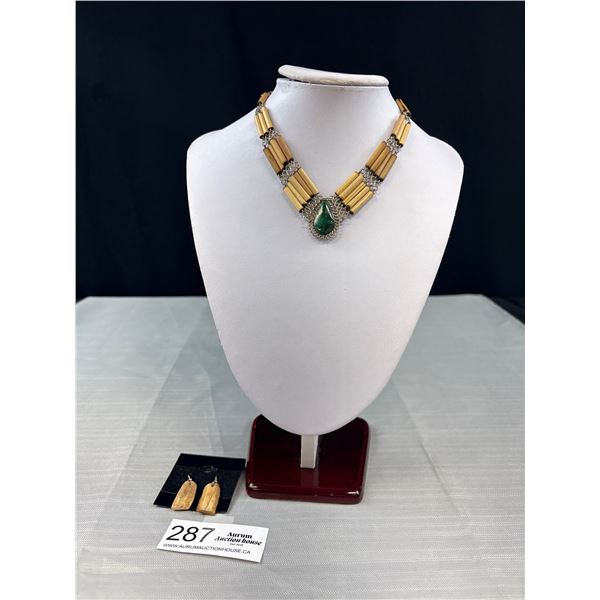 Vintage Hand Carved Bone Earrings and Wod Bead w/ Turqouise Stone Necklace