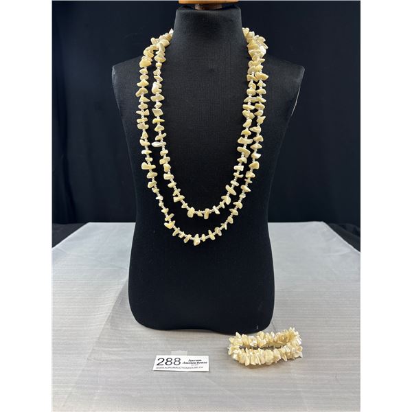 Vintage Extra Long Mother of Pearl Necklace and Stretch Bracelet
