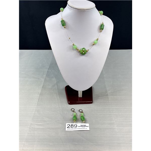 Pretty Green Glass Beaded on Gold Wire Necklace and Earrings