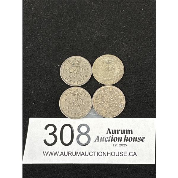 4 English Silver Six Pence Coins 1924 - 1960