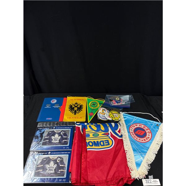 Lot of Sports Memorabillia (2) 2017 Unopened $5 Toronto Maple Leaf Stamps, Vintage Pins and Flags/Pe