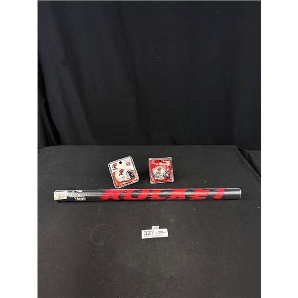 1991 CFL Rocket Ismali Poster Sealed Min, and 2 60th Season BC Lions Mini Helmets