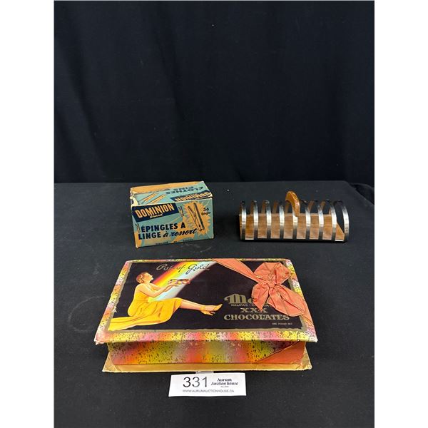 Box of Vintage Unused Wooden Clothes Pins, Vintage Chocolate Box and Mid Centurt Toast Rack