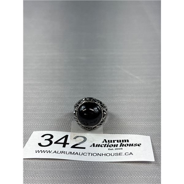 Vintage Silver w/ Black Onyx + Markesite Stones Ring Size 7.5