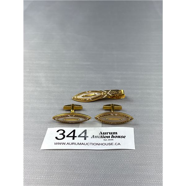 Excellent Quality Gold w/ Mother of Pearl Inlaid Pair of Cufflinks + Matching Tie Bar Set
