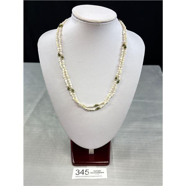 Beautiful Double Strand w/ Cultured Freshwater Pearls Green Jade + Gold Beads Necklace Original Lobs