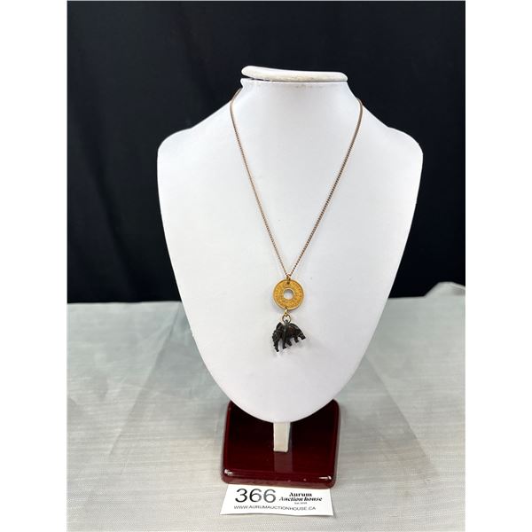 1955 East Africa Coin Pendant w/ Carved Elephant Tassel + Chain Necklace