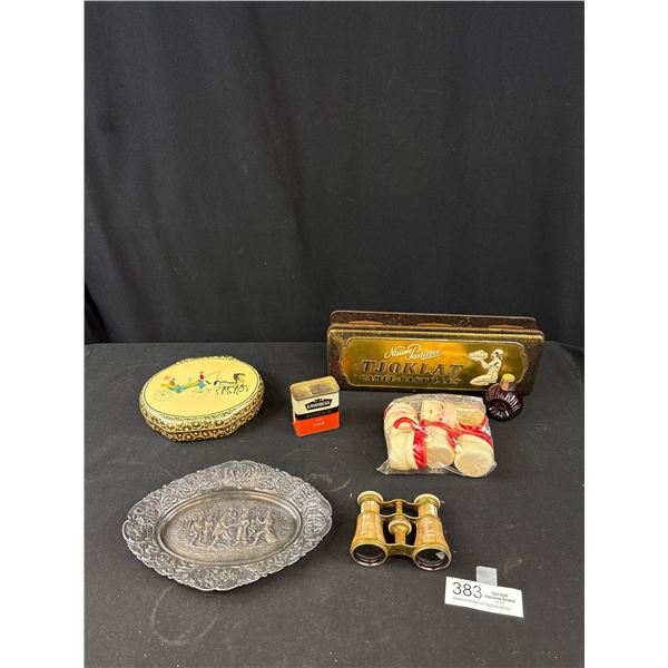 Vintage Collectible Lot, Mother of Pearl Opera Bernoculars, Tins, Etc