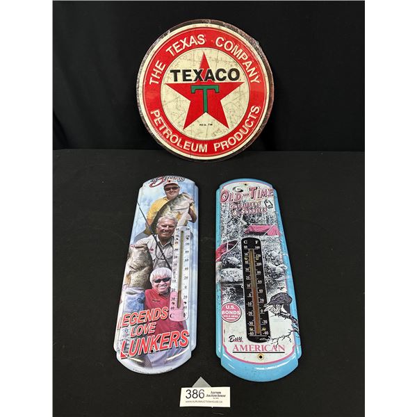 2 Metal Thermometres and New Texaco Tin Sign