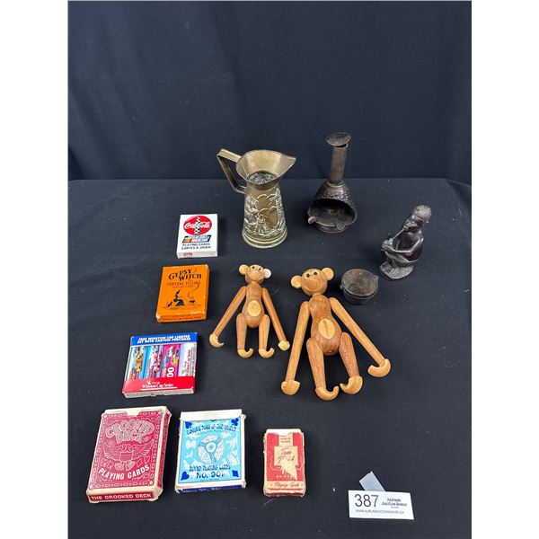 Vintage Collectible Shelf Lot of Old Plane Cars, Wooden Monkeys Etc