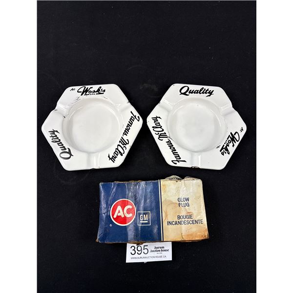2 Vintage Porcelain Wosks Ash Trays and ACGM Spark Plugs