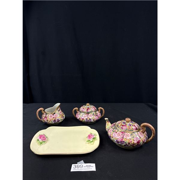 Vintage Asian Teapot Cream and Sugar w/ Side Plate