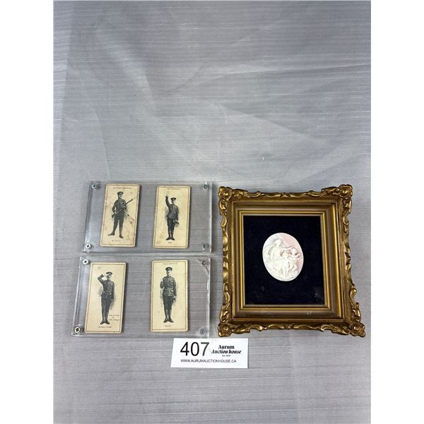 Nicely Framed Vintage Mother of Pearl Cameo + 4 Old Soliders Tobacco Cards