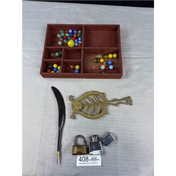 Vintage Tray Lot Full of Old Marbles, Shell Padolock Etc
