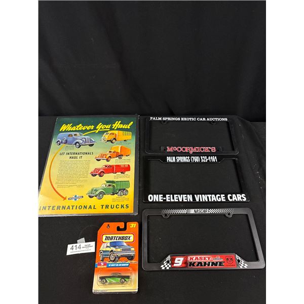 Vintage Advertisment Lot + License Plate Holders and Matchbox Truck