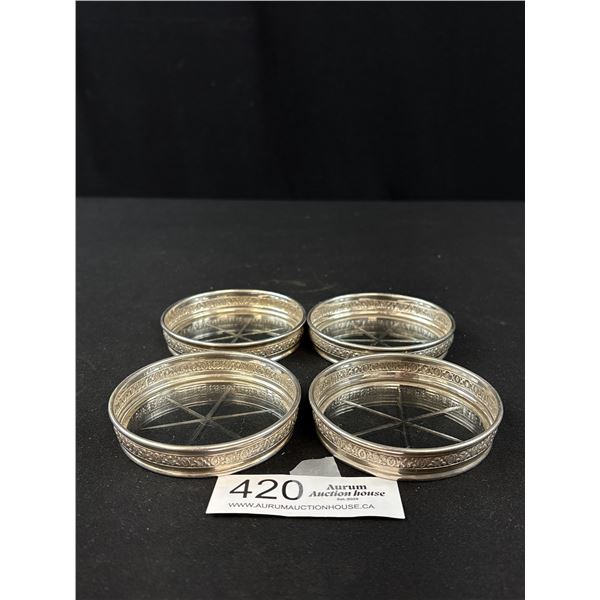 Lot of 4 Sterling Silver and Glass Etched Drink Coasters