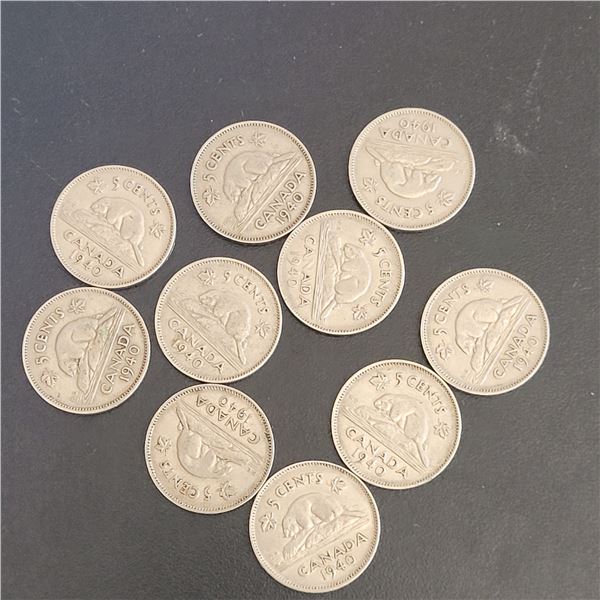 Lot of 10 1940 Canada Nickels