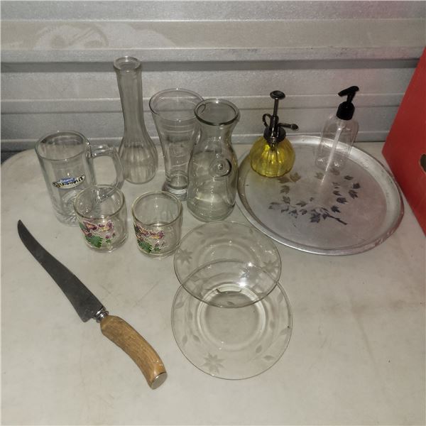 Estate Kitchen Lot - Vtg Carving Knife, Plates, Carafe, Vase, Glasses, Spritzer +++