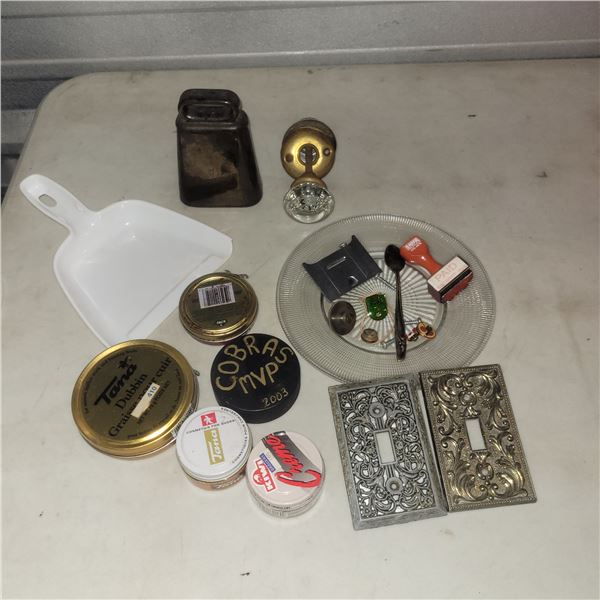 Mixed Estate Lot - Glass Door Knob, Shoe Polish, Light Switch Cover, Pins +++