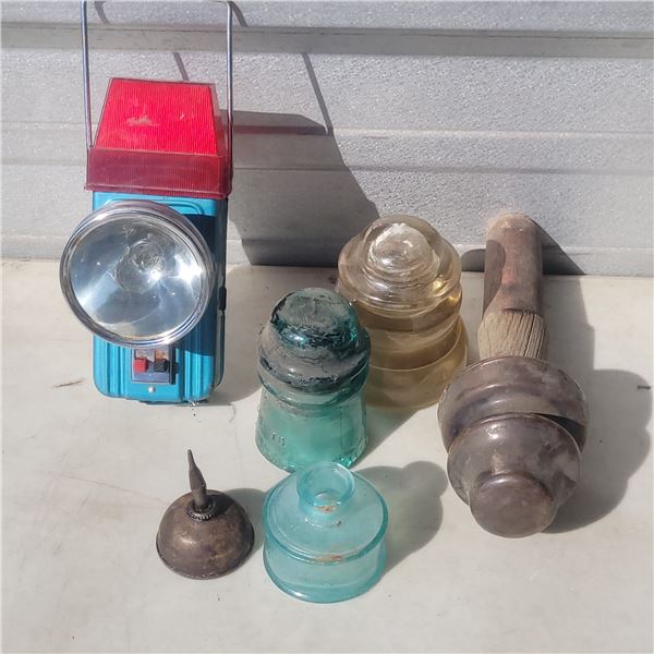 Vintage & Antique Lot - Insulators, Flashlight, OIl Can, Dalley Inkwell
