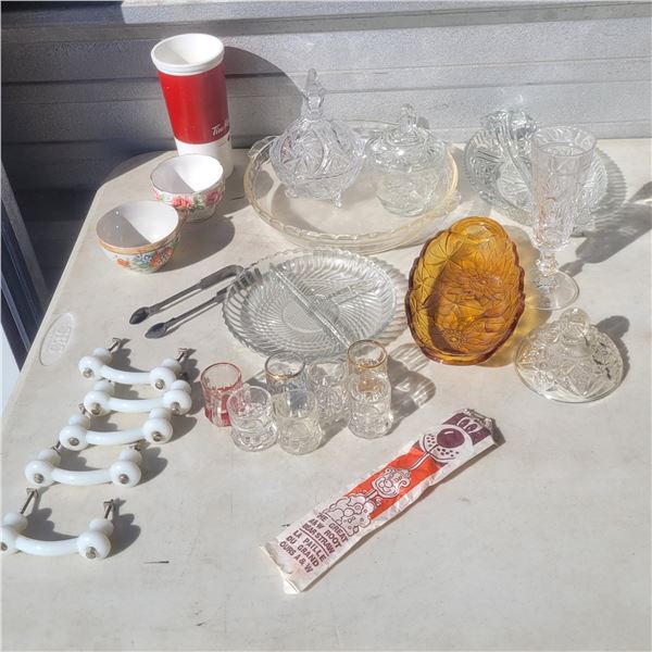 Estate Kitchen Lot - Milk Glass Handles, Federal Shooters, Cyrstal, Glass, A&W Pplastic Straw +