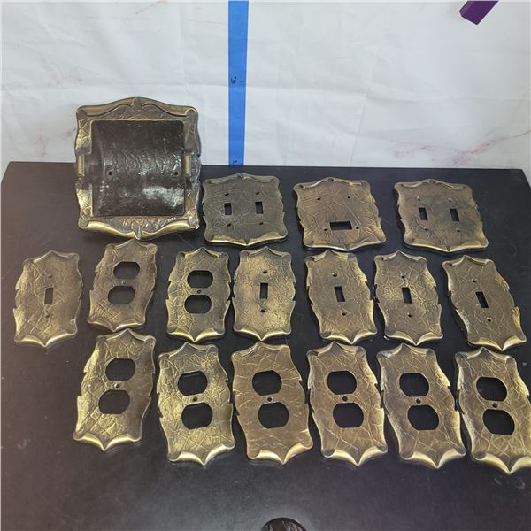 Large Lot of Mid Century Brass Decorative Wall Plates Toilet Holder.