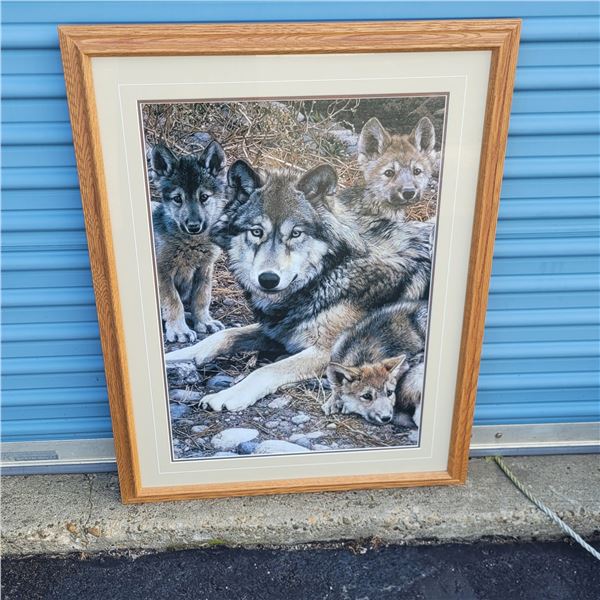 Framed Unknown Artist or Title Mother Wolf with Pups in Den Print - Stunning. Measures 29x38.5"