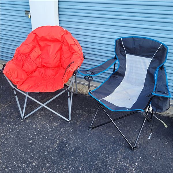 Lot of 2 Fun Camping Chairs - One is New With Tags, Other has cooler build into arm, rated 300lbs