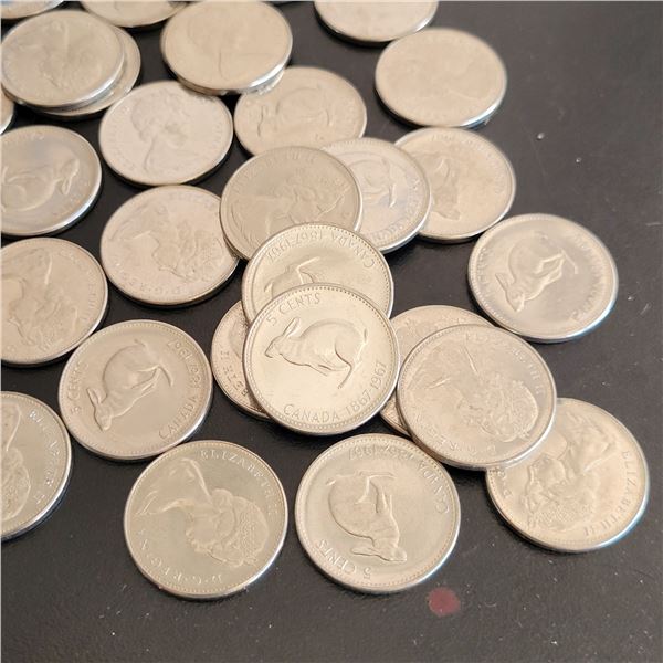 Lot of 42 1967 Bi-Centennial Canada Nickels (a roll +2)