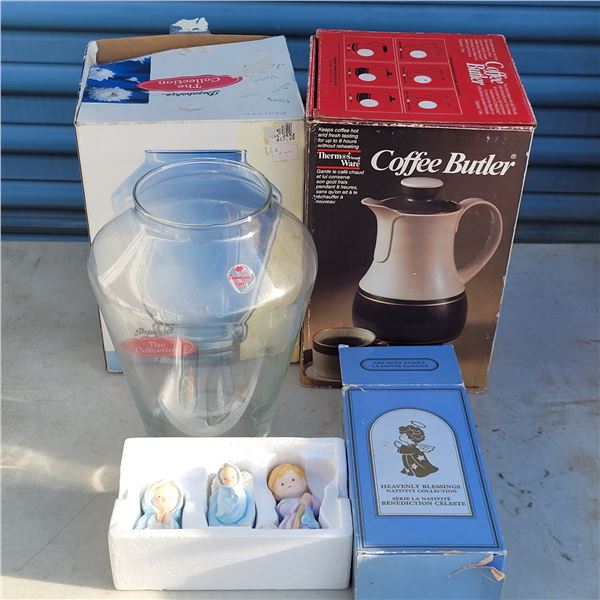 Mixed Estate Lot - Heavenly Blessins Figurines, Coffee Butler, Turkish Glass Vase, Terra Cotta Vase
