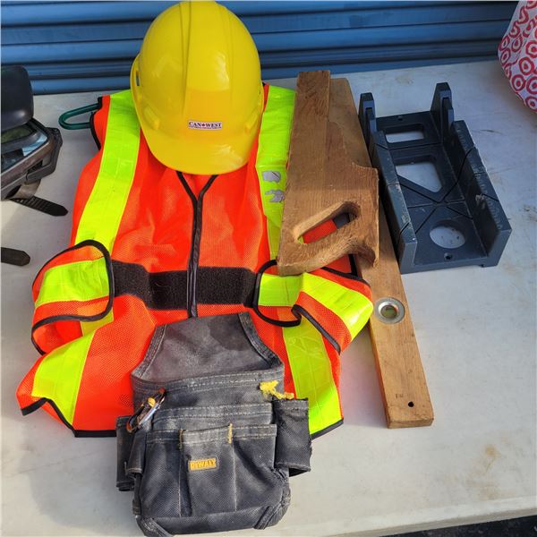 Handymans Lot - Hard Hat, Vest, Mitre Saw Guide, Vtg Level, Tool Pouch