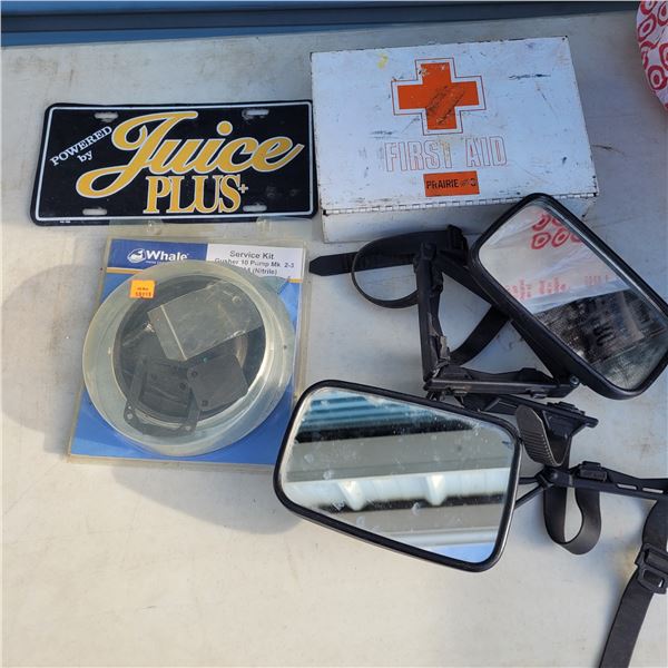 Estate Lot - Metal License Plate, 2 ATV MIrrors, Empty 1st Aid Box, Gusher 1- Pump MK Service Kit