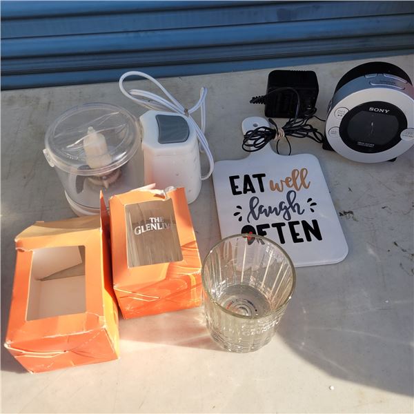 Mixed Estate Lot - 2 Crystal Glasses, Mini Chopper, Trivet, Sony Alarm Clock
