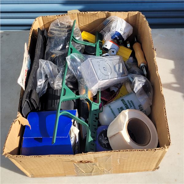 Box with Various Hardware Items: Sprayer, Wheels, Tape, etc