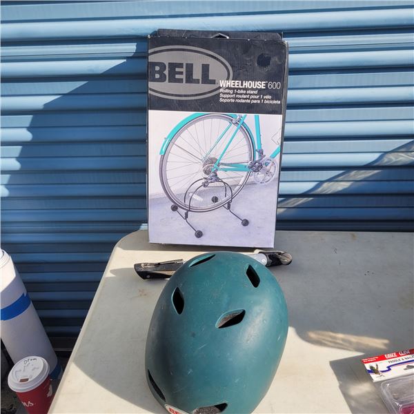 New Bell Wheelhouse 600 Rolling Bike Stand, Bike Pump, Bell Helmet