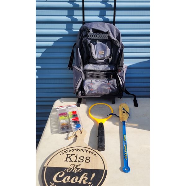 Estate Lot: Rolling Backpack, 2x Fly Swatters, Kiss theCook Sign, Pack of Fishing Lures