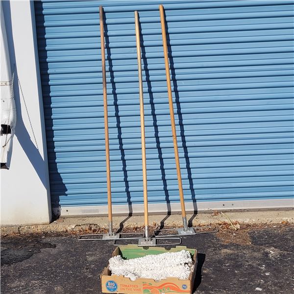 Lot of 3 Commercial Handles, Mop Head Attachments, Approx 5 Matching Mop Heads