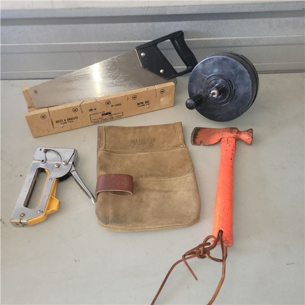 Handyman Lot - Stapler, Mitre Box, Saw, Kunys Tool Pouch, Hatchet, Drain Snake