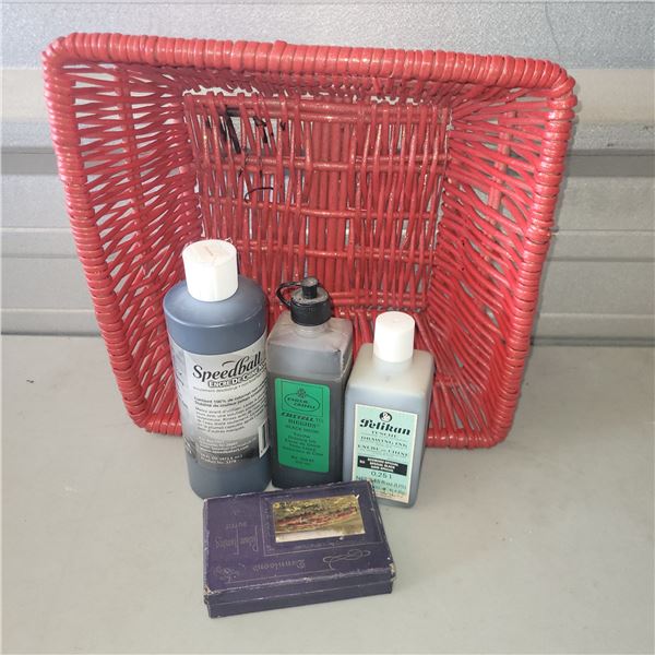 Basket w/ Various India Ink Crafting Supplies