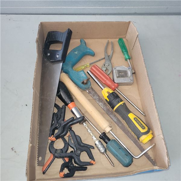 Flat of Handyman Tools - Wood Clamps, Screwdrivers, Saws, +