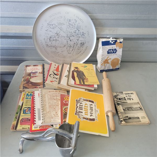 Vintage Kitchen Lot - Cookbooks, Aluminum Press, Rolling Pin, New Start Wars Pancake Molds +