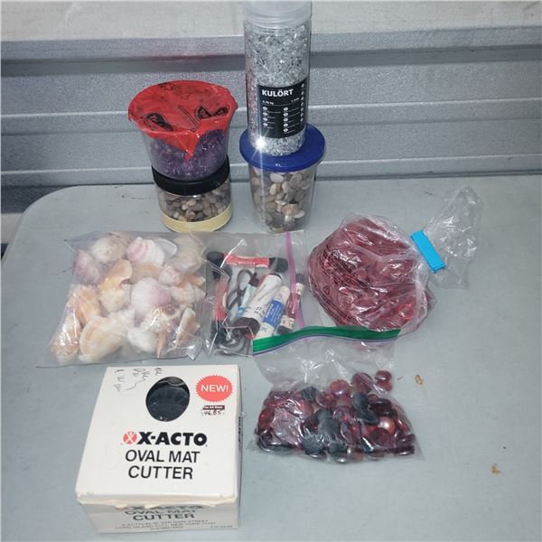 Lot of Home Decor, Crafting Items - Rocks, Shells, Glitter, Mat Cutter