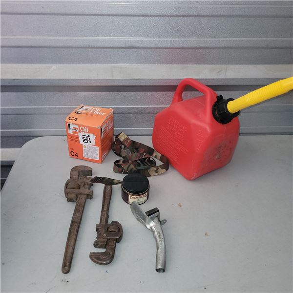 Various Manly Man Items - Pipe Wrenches, Oil FIlter, Gas Nozzle, Gerry Jan, Camo Ratchet Strap