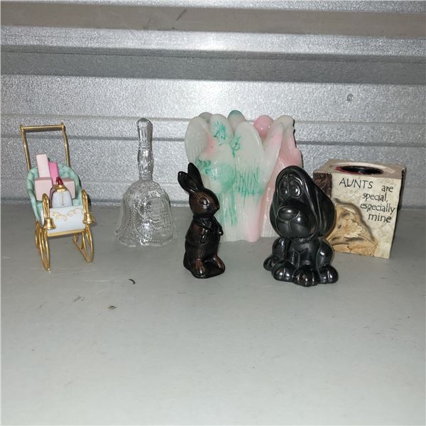 Lot of Various Vintage Decor - Crytal Bell, Black Clay Dog, Angel Candle ++