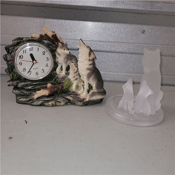 Lot of 2 Wolf Decor - Wolf Clock & Party Lite Candle Holder